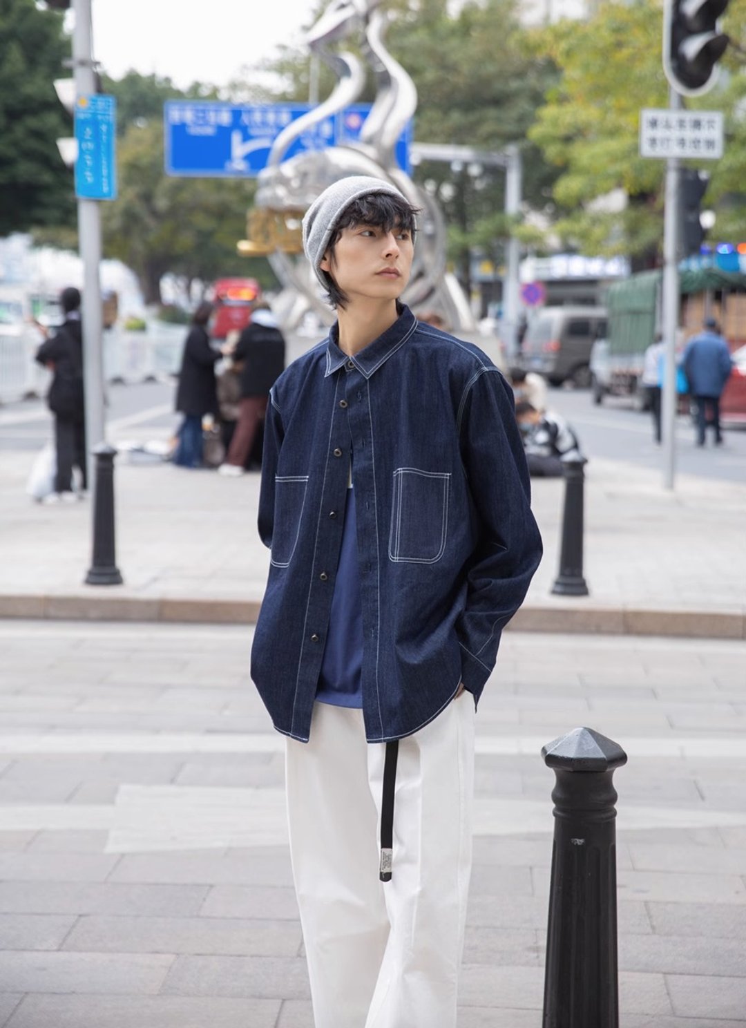 牛仔也写诗 日系复古牛仔长袖衬衫 - 男装衬衫 - 其他材质 蓝色