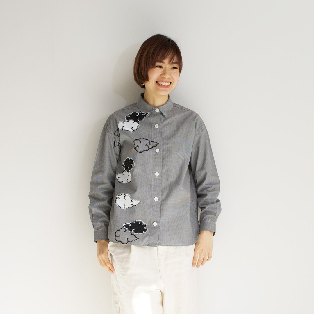 Gingham check shirt black cloud - 女装衬衫 - 棉 灰色
