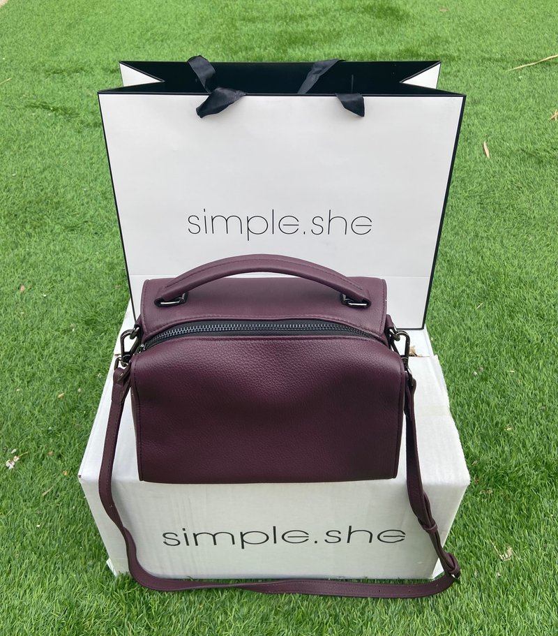 simple.she 真皮拉链小方包手提侧背包手袋 酒红色 - 手提包/手提袋 - 真皮 红色