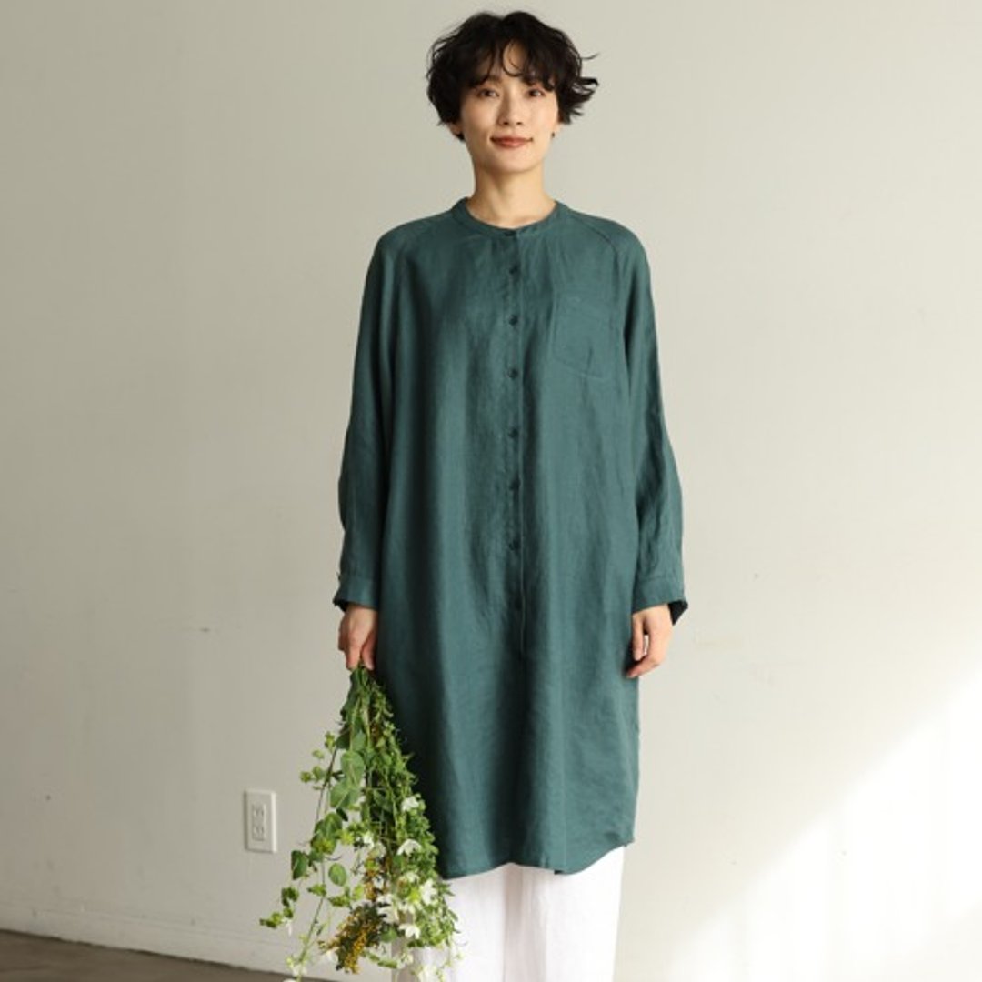 大人感亚麻连身裙 宽松剪裁 垂坠感 休闲正式两穿 墨绿色240324-3 - 洋装/连衣裙 - 棉 