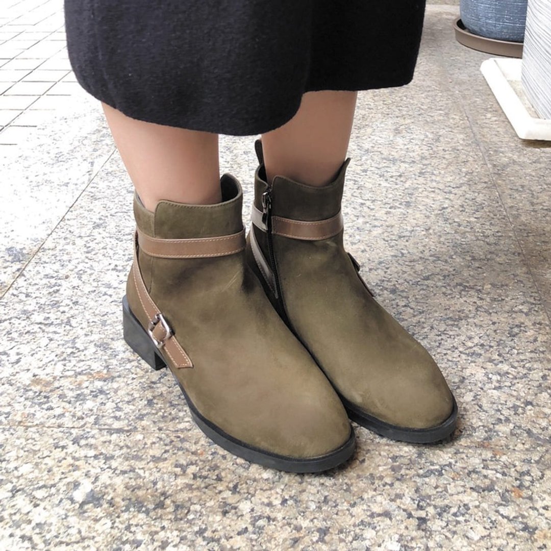 【优雅冬日】防水全真皮系带造型显瘦跟靴_森林墨绿 - 女款短靴 - 真皮 绿色