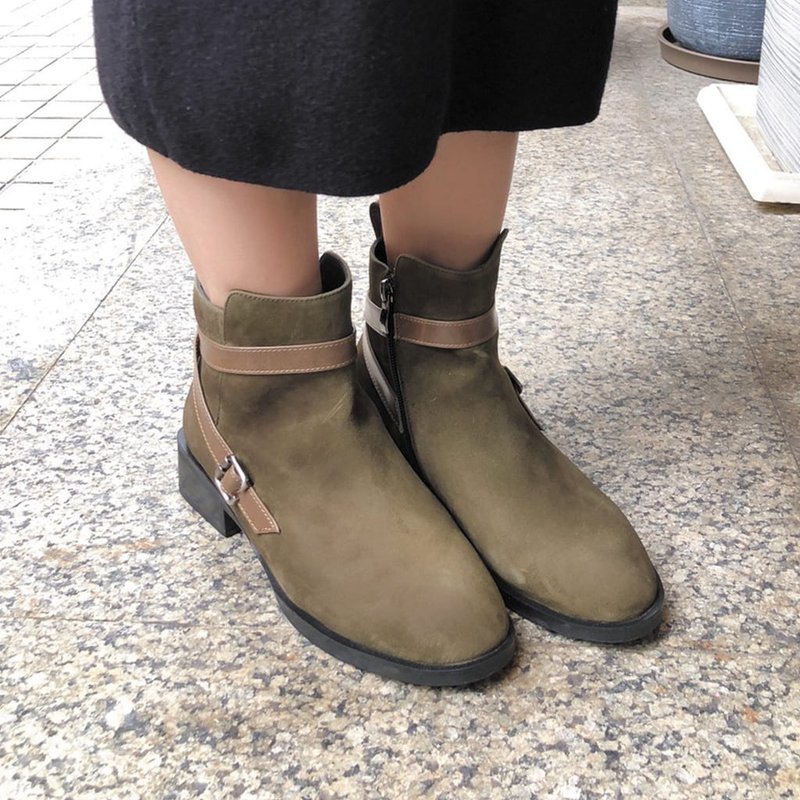 【优雅冬日】防水全真皮系带造型显瘦跟靴_森林墨绿 - 女款短靴 - 真皮 绿色