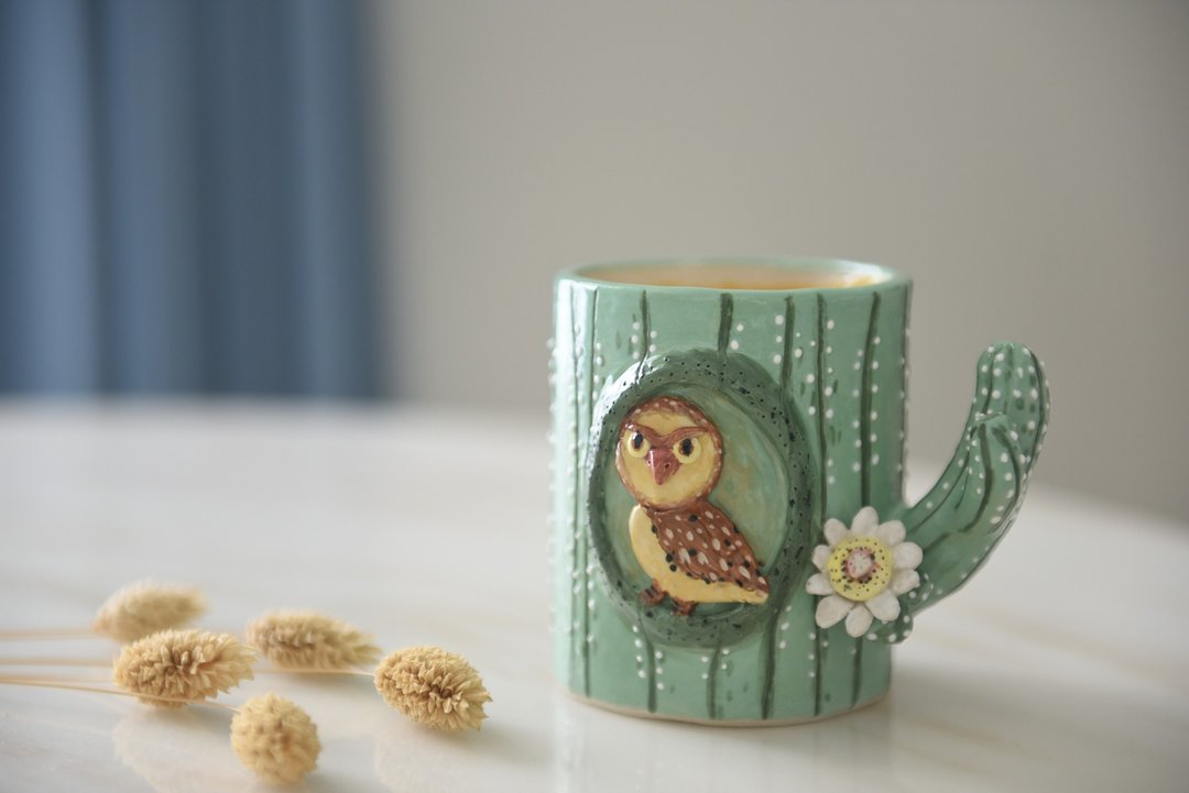 仙人掌巨人柱猫头鹰陶杯 - 茶具/茶杯 - 陶 