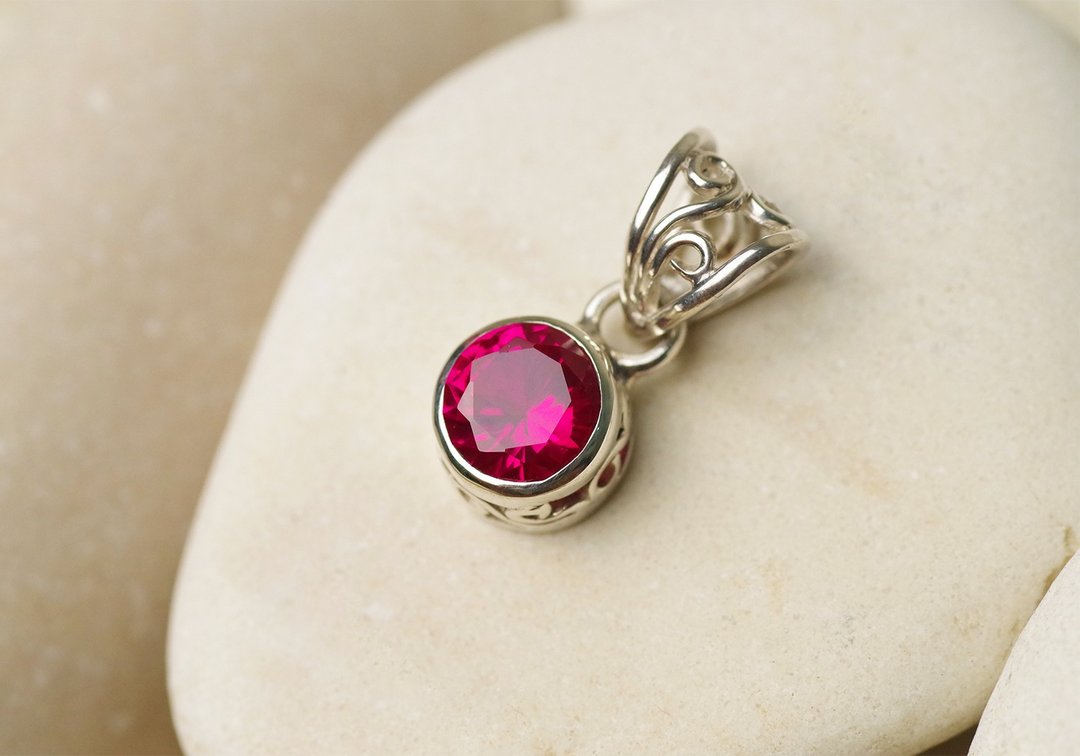 Ruby Pendant - Gemstone Pendant Necklace - 项链 - 纯银 红色