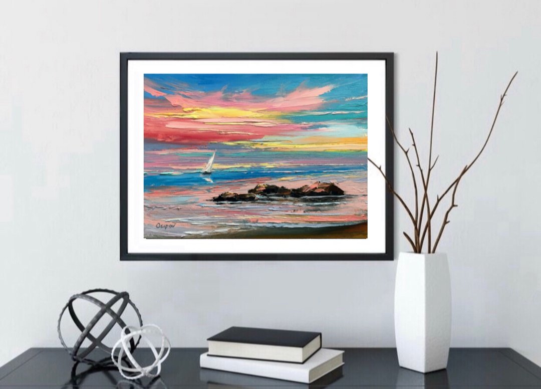Original Seascape Sunset Sunrise Oil Painting On Canvas Sailboat Impasto Art - 墙贴/壁贴 - 棉 多色