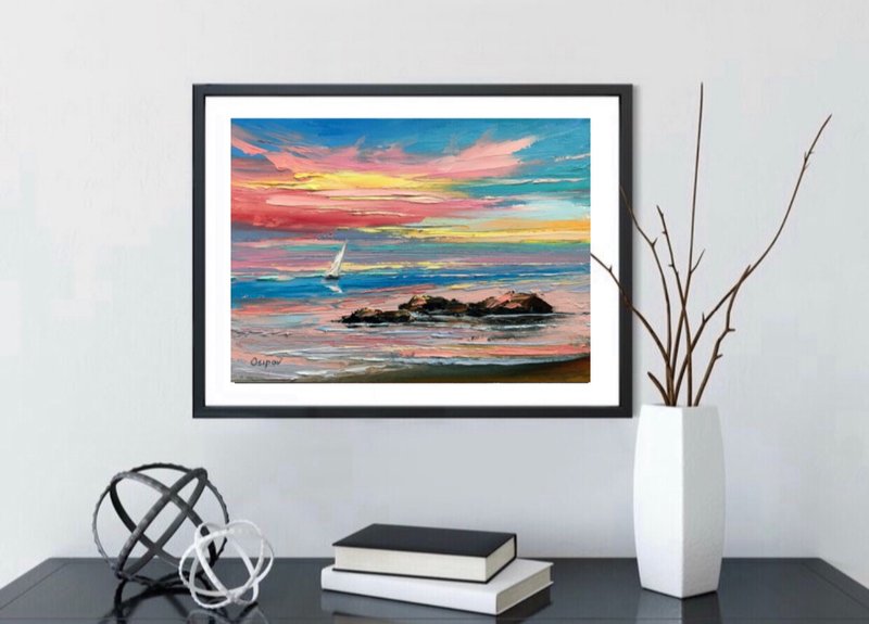 Original Seascape Sunset Sunrise Oil Painting On Canvas Sailboat Impasto Art - 墙贴/壁贴 - 棉．麻 多色