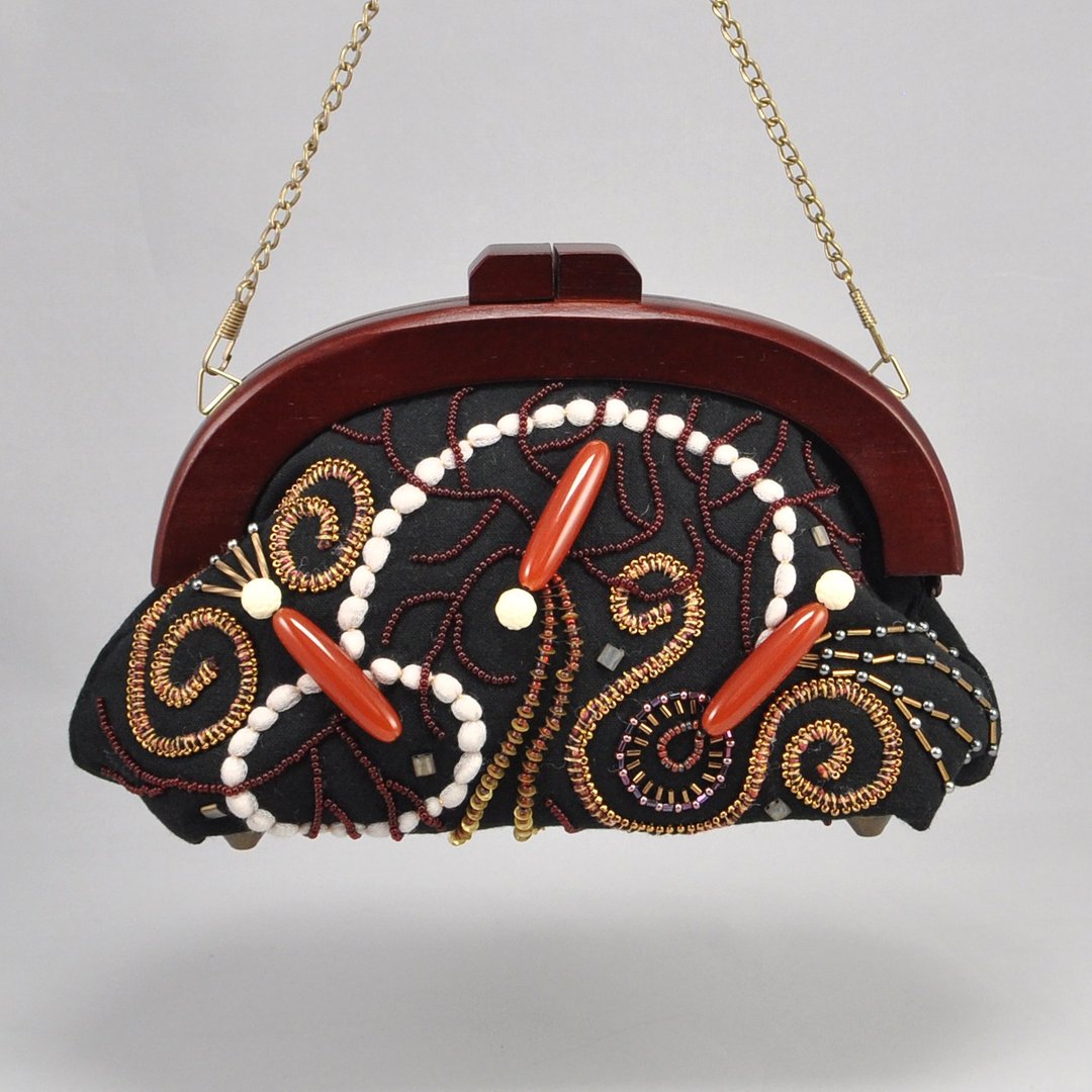 statement purse with wood frame, chain handle bag, black and red bag　2 - 手提包/手提袋 - 棉 黑色