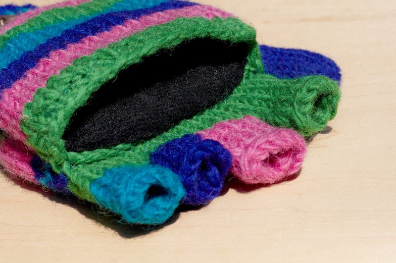 情人节礼物 限量一件针织纯羊毛保暖手套 / 2ways手套 / 露趾手套 / 内刷毛手套- 童趣撞色海浪图腾 桃红 绿色 蓝色 - 手套 - 羊毛 多色