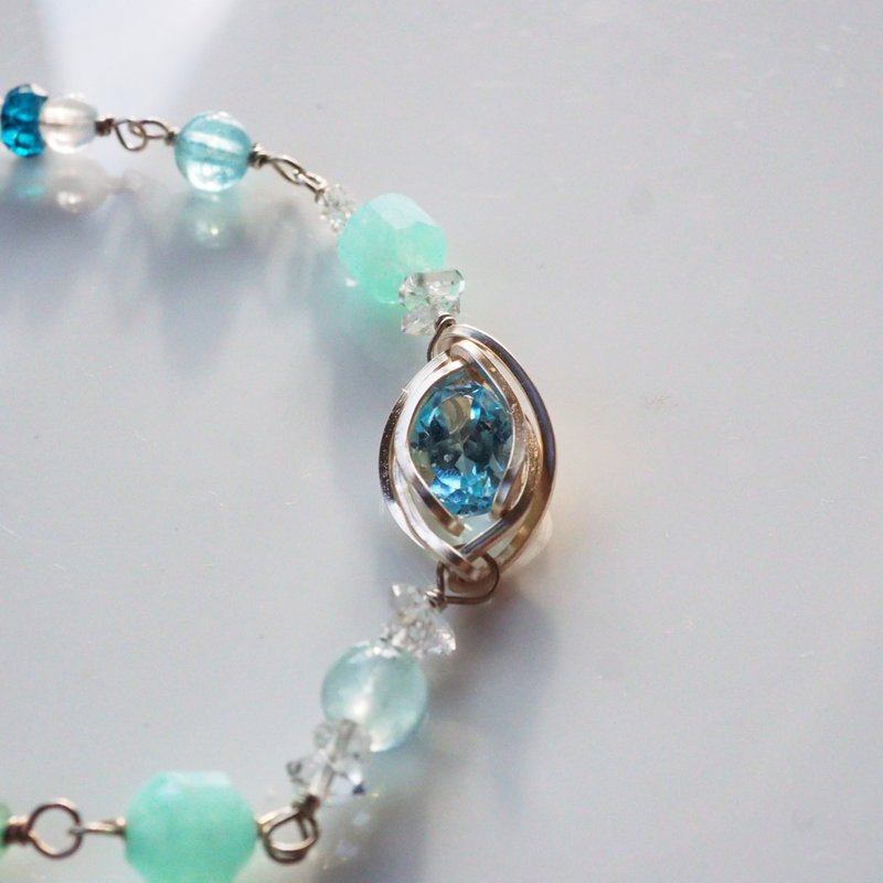 波涛碎浪 | 托帕石、天河石、闪灵钻、月光石金属编织纯银手链 - 手链/手环 - 半宝石 蓝色