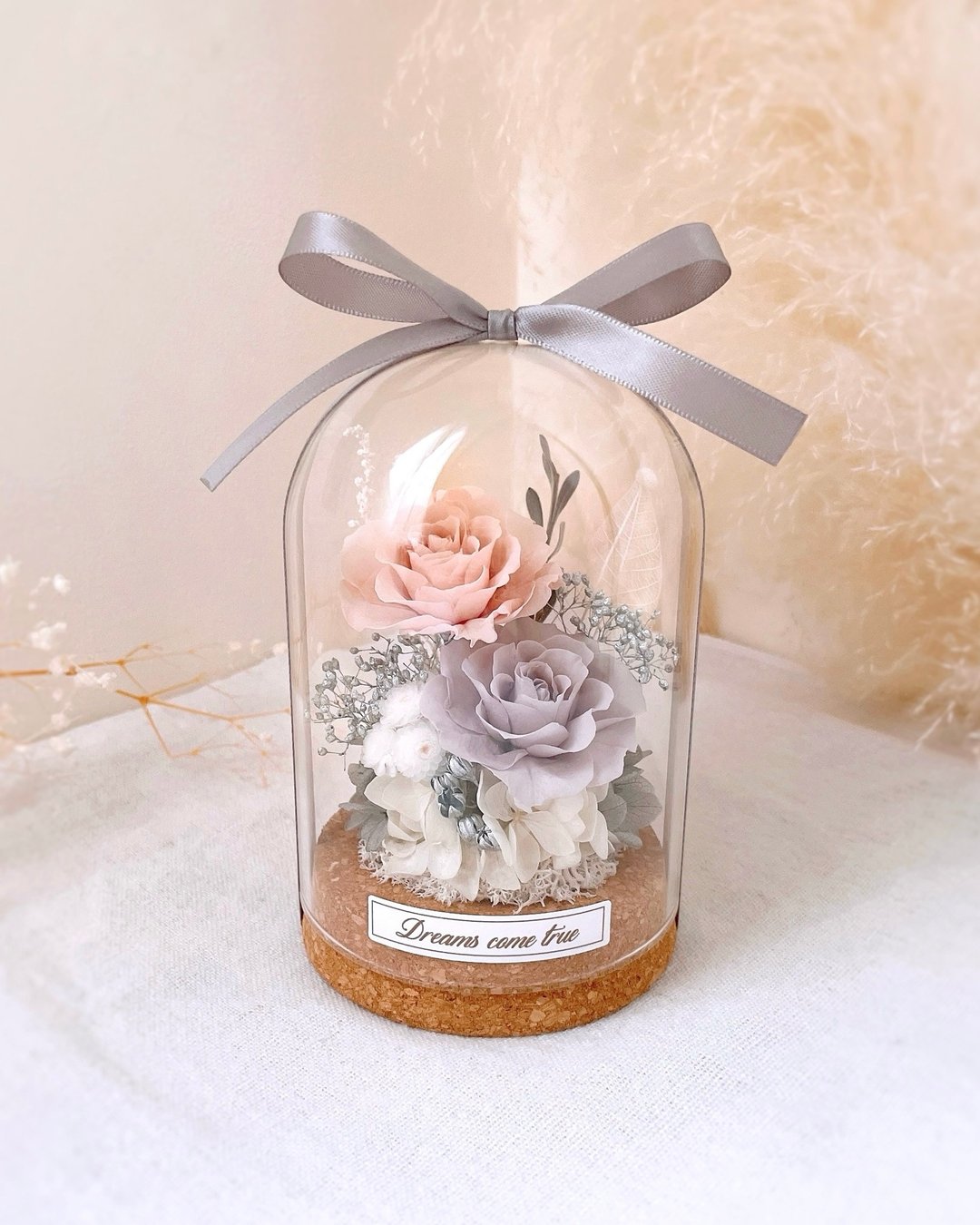 永生花玻璃盅 - 淡雾杏灰 l 不凋花玻璃盅 日本玫瑰 干燥花盅 - 干燥花/捧花 - 植物．花 粉红色
