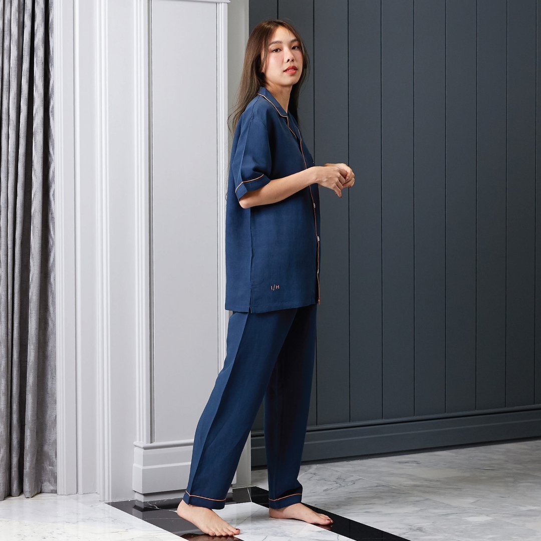 Linen Pajamas Short sleeve with Pants - 居家服/睡衣 - 亚麻 蓝色