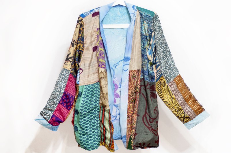 女装 手工印度丝质外套 印度丝绸 纱丽拼接长袖拼布外套-蓝色花朵 - 女装休闲/机能外套 - 棉．麻 蓝色