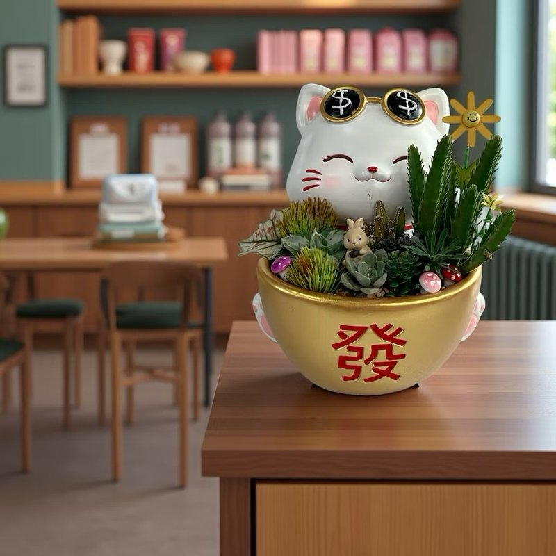 【元宝招财猫】 多肉仙人掌组合盆栽 开幕新居乔迁升官送礼 - 植栽/盆栽 - 陶 