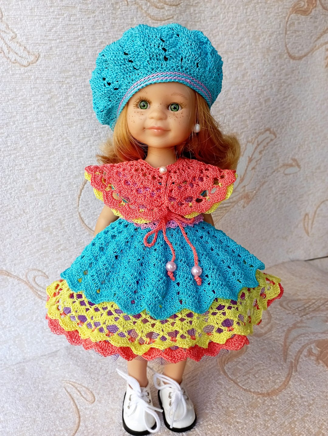 Knitted dress, hat for Paola Reina doll. Handwork .outfit for 13 inch doll - 玩具/玩偶 - 棉 多色