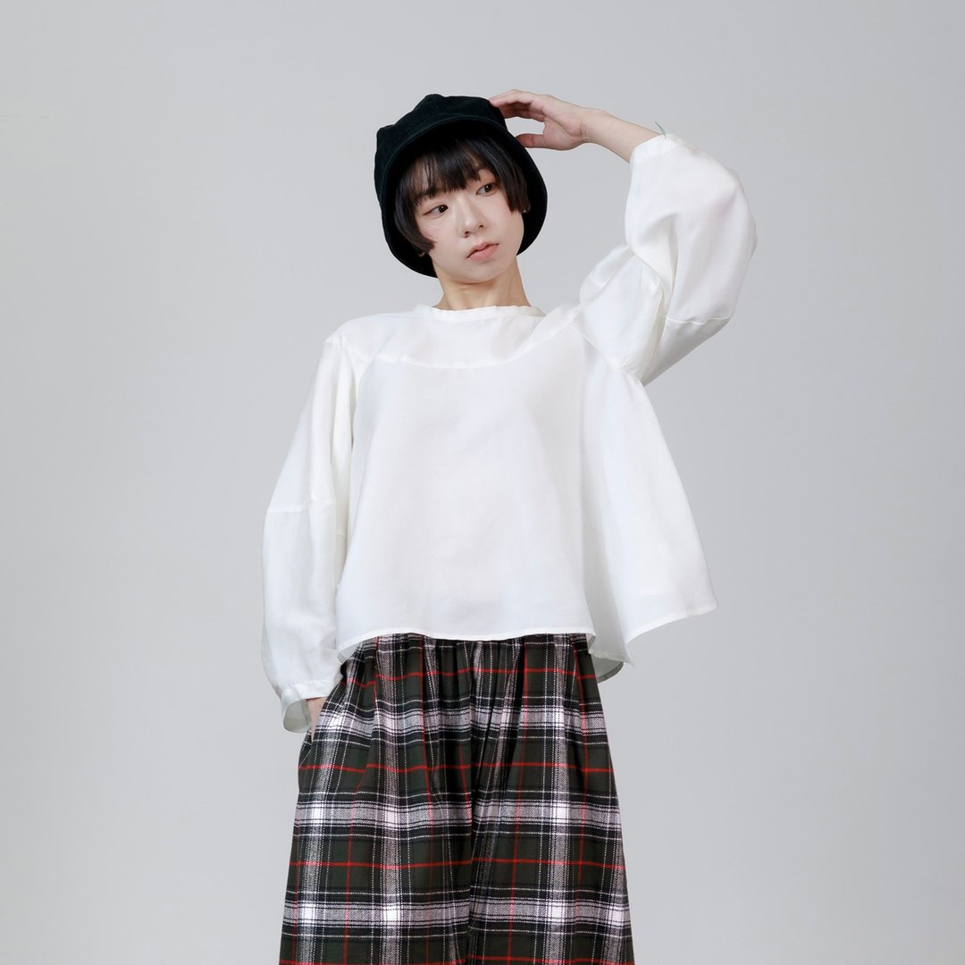 立体抛袖后绑带上衣 - 女装上衣 - 棉 白色