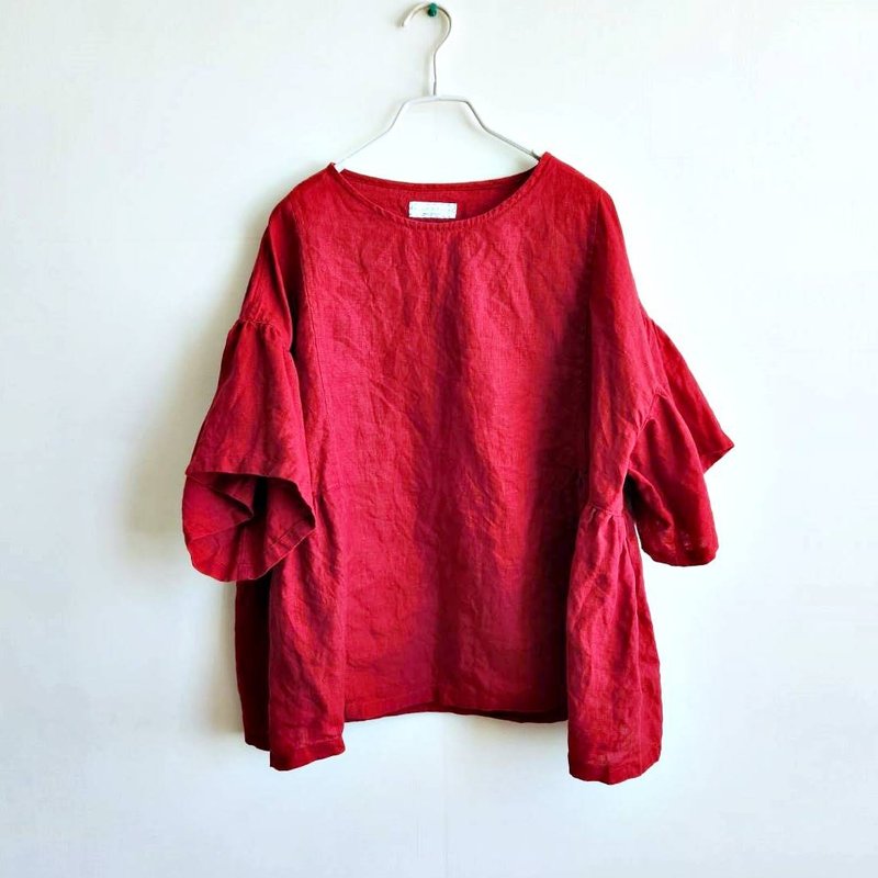 细褶圆领花袖上衣  红 亚麻 - 女装上衣 - 棉．麻 红色