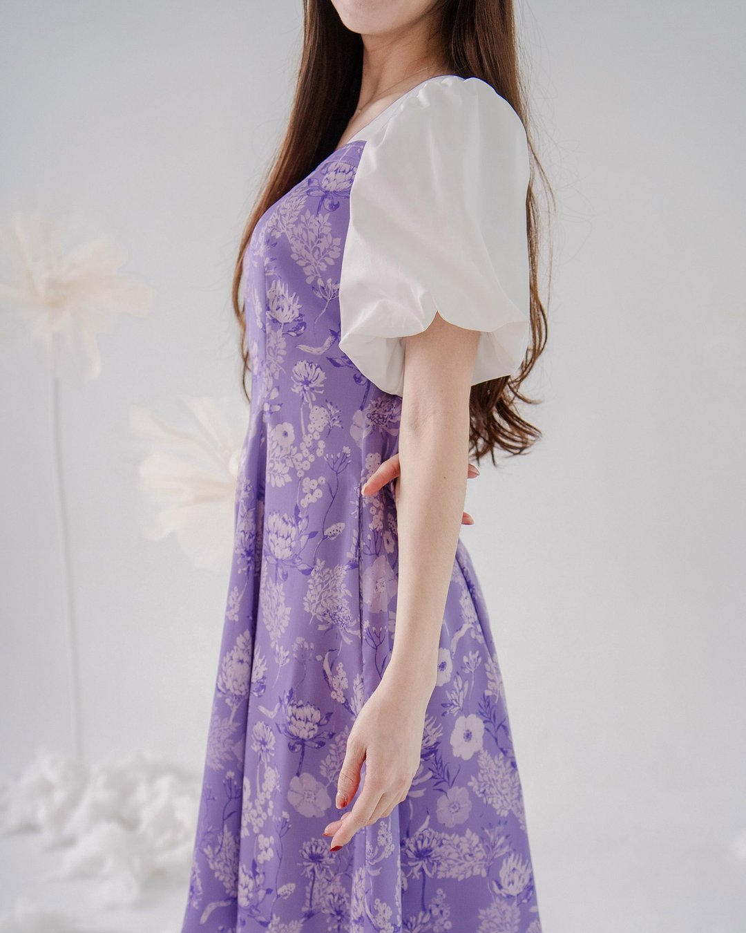 【波丽印花】迪士尼经典公主风 澎澎袖小洋装 皇后紫 天丝 - 洋装/连衣裙 - 棉 紫色