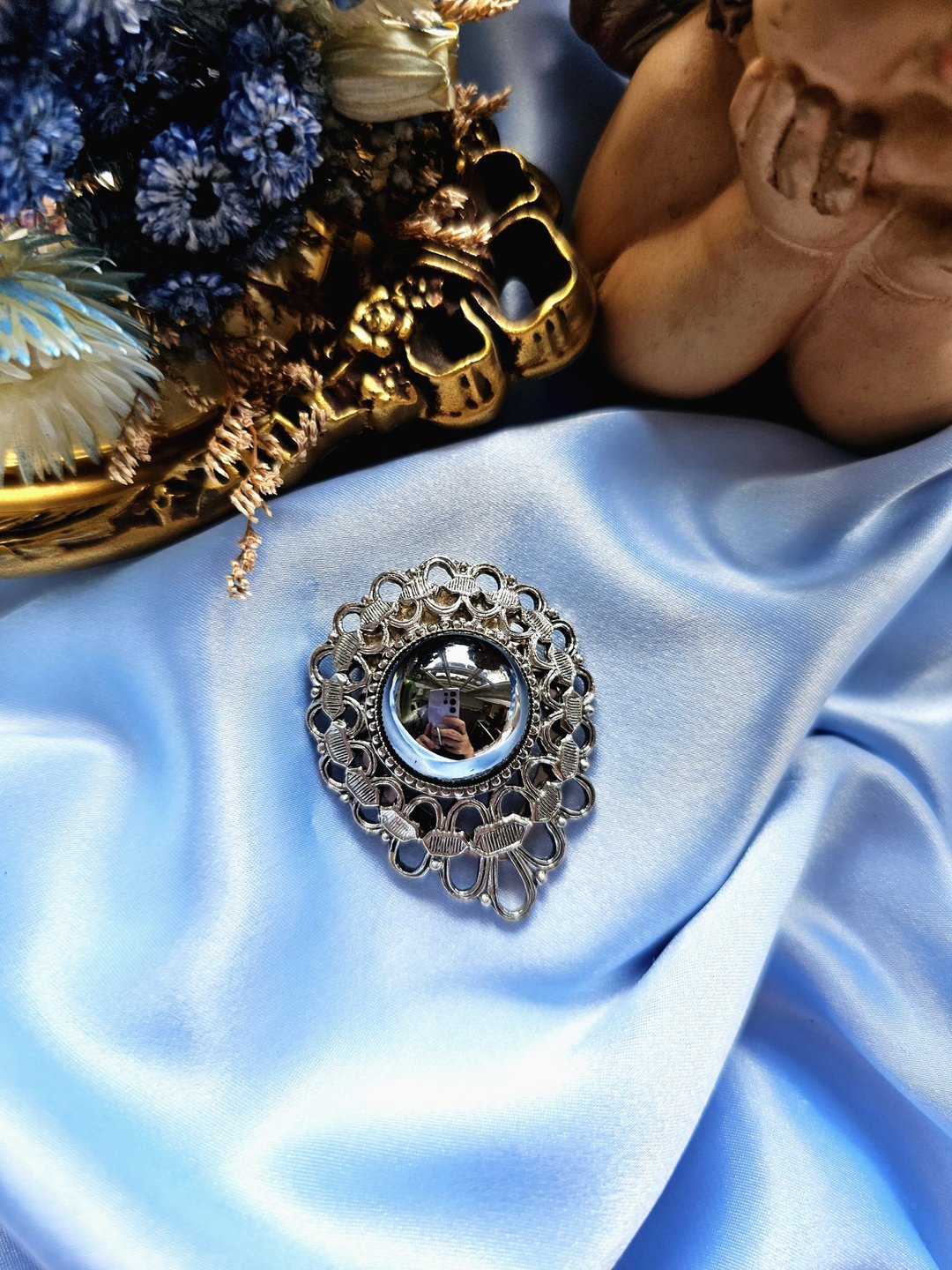 美国制黑石蕾丝边镂空丝巾夹/复古珠宝/美国西洋古董饰品 - 其他 - 其他金属 