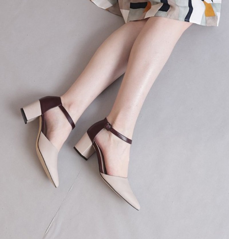 斜切粗跟鞋 杏红 - 高跟鞋 - 真皮 红色