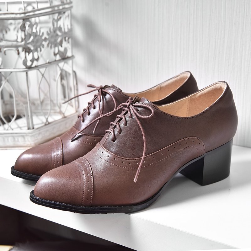 棕色 真皮绑带牛津粗跟踝靴 - 女款牛津鞋/乐福鞋 - 真皮 咖啡色