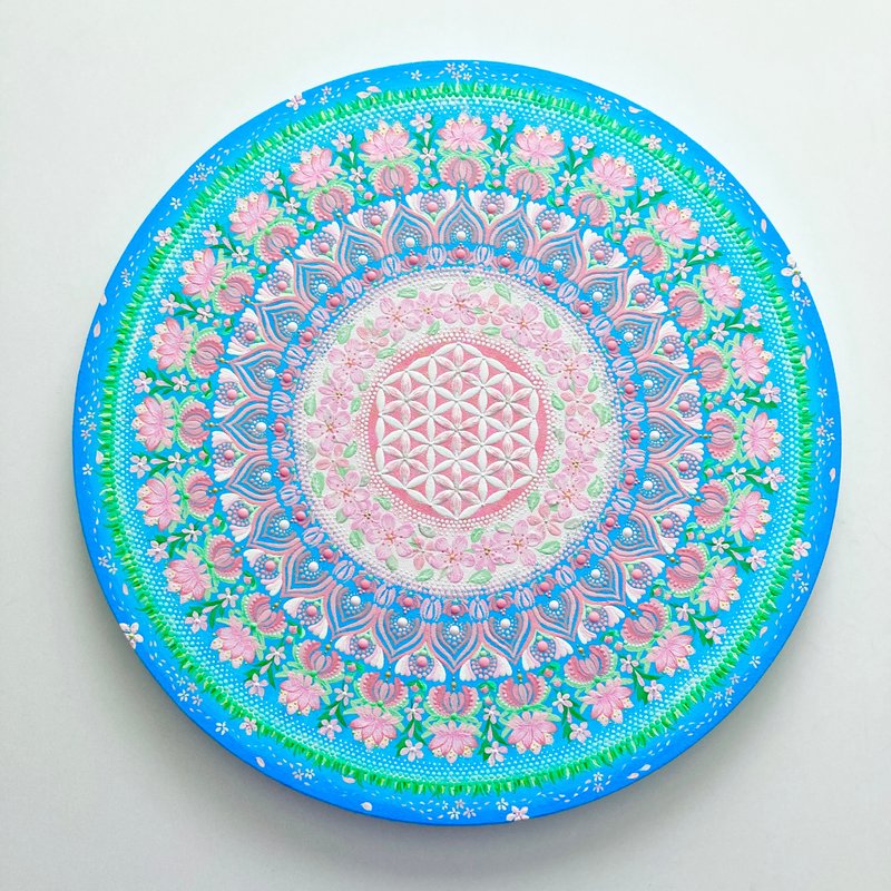 生命之花点曼陀罗樱花蓝天40厘米 - 海报/装饰画/版画 - 棉 粉红色