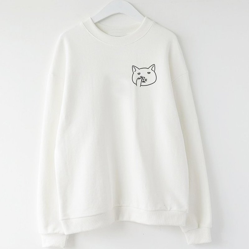 左胸Nose Picking Cat 男女大学T 刷毛 中性版 白色 猫咪挖鼻秋冬 - 女装上衣 - 棉．麻 白色