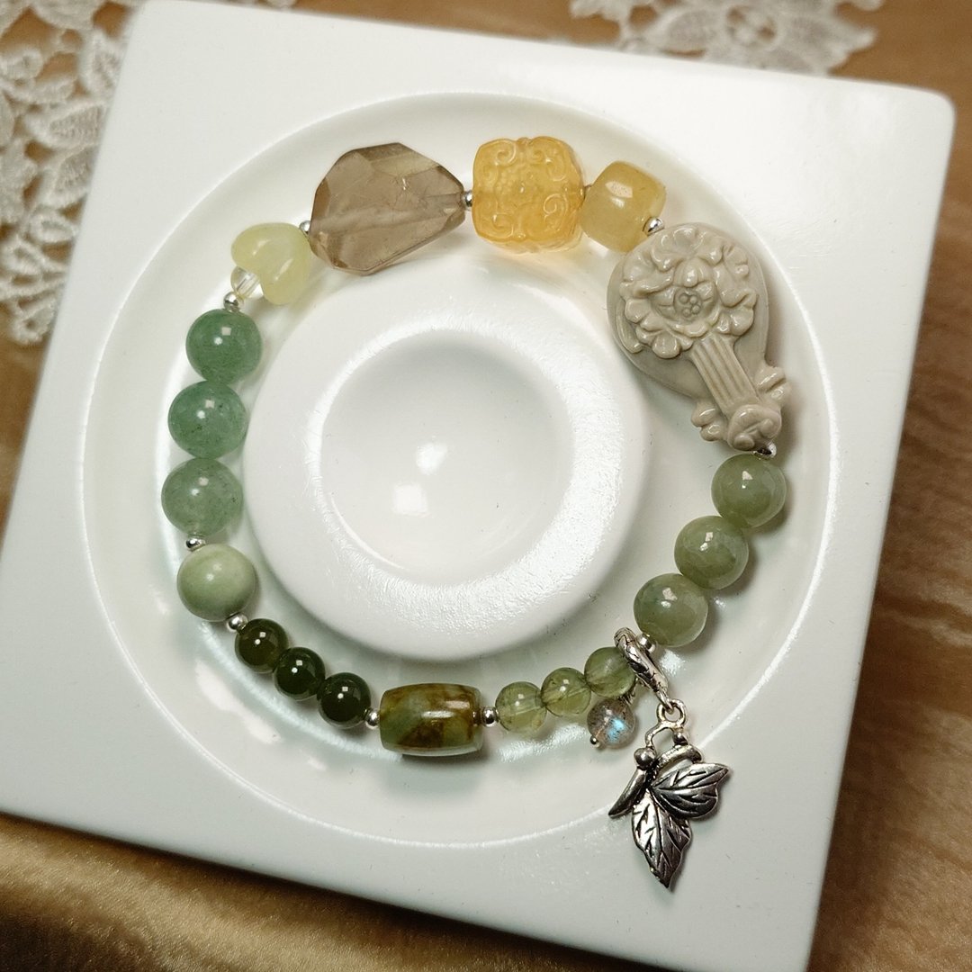 手链 牡丹琵琶 阿拉善 豆青 橄榄石 碧玺 碧玉 水晶 岫玉 萤石 银 - 手链/手环 - 宝石 