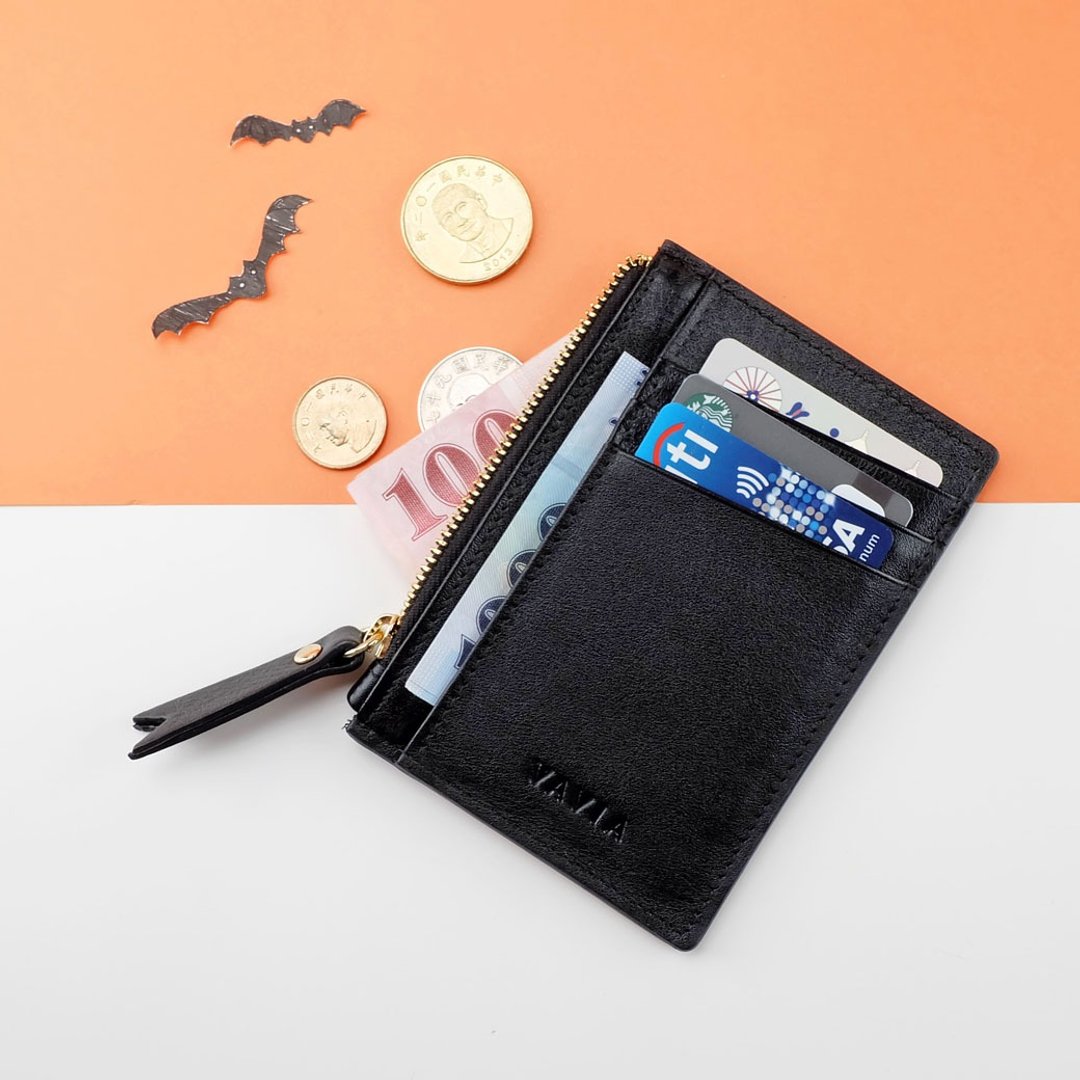 BLACK : Zipped Card Purse / Cow Leather - 皮夹/钱包 - 真皮 黑色