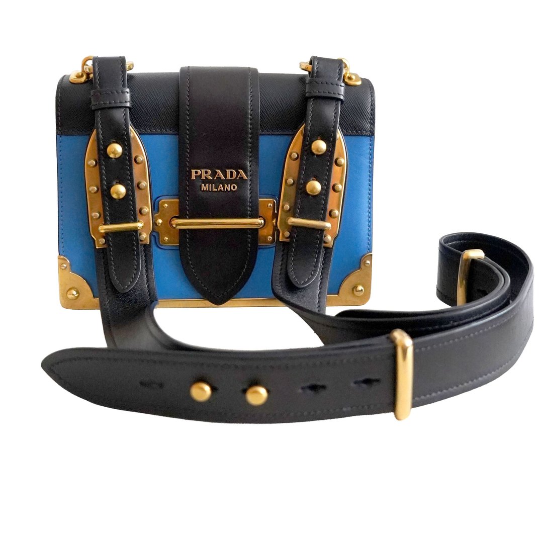 PRADA Sac Croisé en Cuir Bleu et Noir avec Cadre Baroque - 侧背包/斜挎包 - 真皮 蓝色