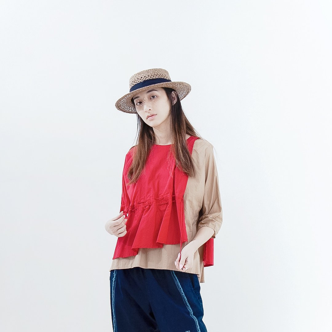 梦中梦叠穿感拼接五分袖上衣 - 女装上衣 - 棉．麻 红色