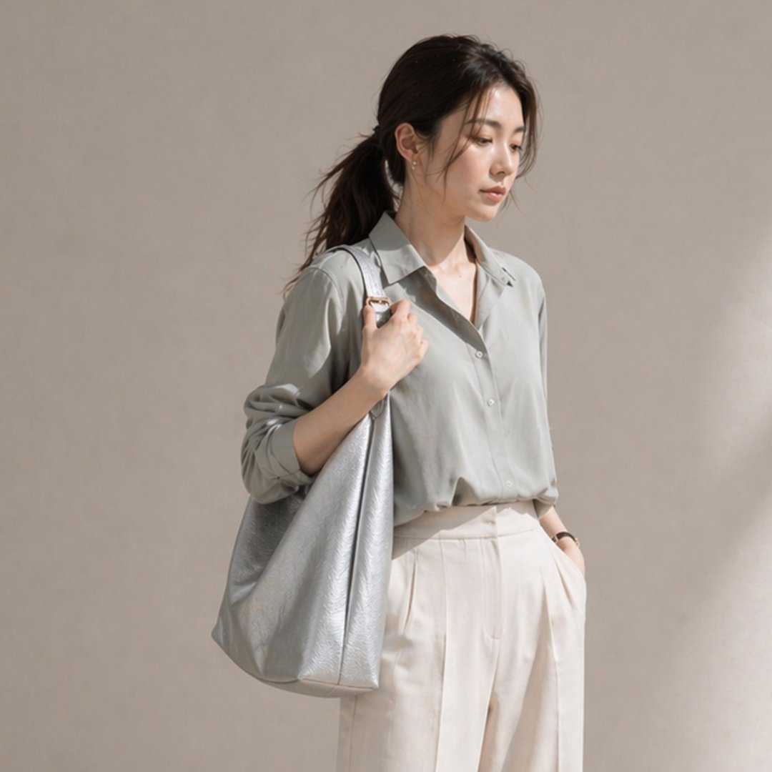 ANNA DOLLY 慵懒大容量荔枝纹肩背包 侧背包 A4 可放 通勤包 银色 - 侧背包/斜挎包 - 人造皮革 银色