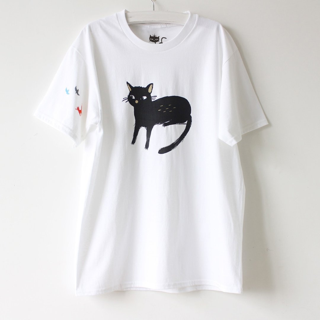 黑猫与小狐狸T裇 I 喜欢黑猫 I 手工绢印T shirt - 女装 T 恤 - 棉 白色