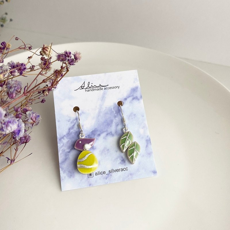 自然系 - 鸟儿 叶子 纯银耳针 耳环 耳夹 陶瓷 - 耳环/耳夹 - 纯银 多色