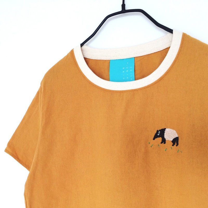 Tapir - Embroidery / Yellow mustard  // Short sleeve Top / Shirt【雙 11 限定】 - 女装上衣 - 棉．麻 黄色