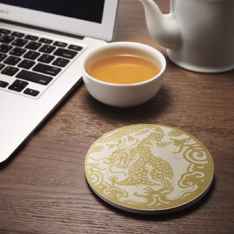 【玩美文创】台湾剪纸系列_吸水陶瓷_绣金龙如意杯垫 - 杯垫 - 陶 金色