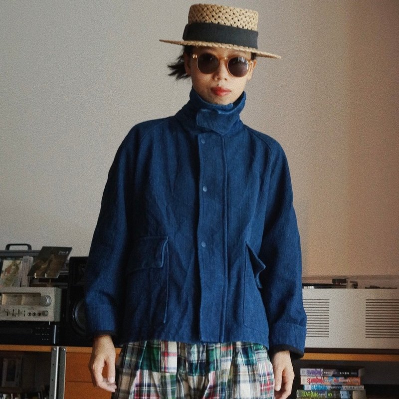 重磅植物藍染 秋冬中性英倫夾克短外套 厚棉麻面料 indigo - 女装休闲/机能外套 - 棉．麻 蓝色