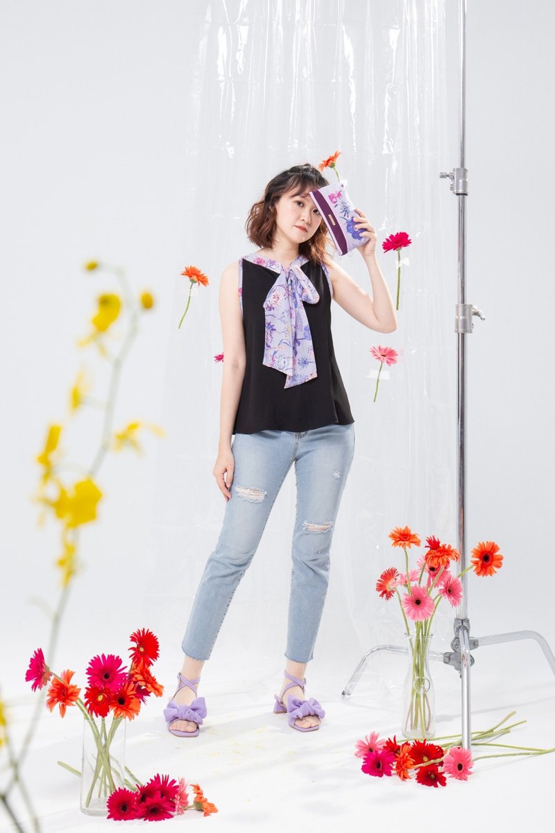 【波丽印花】正反两穿 印花绑带 修身背心 皇后紫 大尺码 - 女装背心 - 棉．麻 黑色