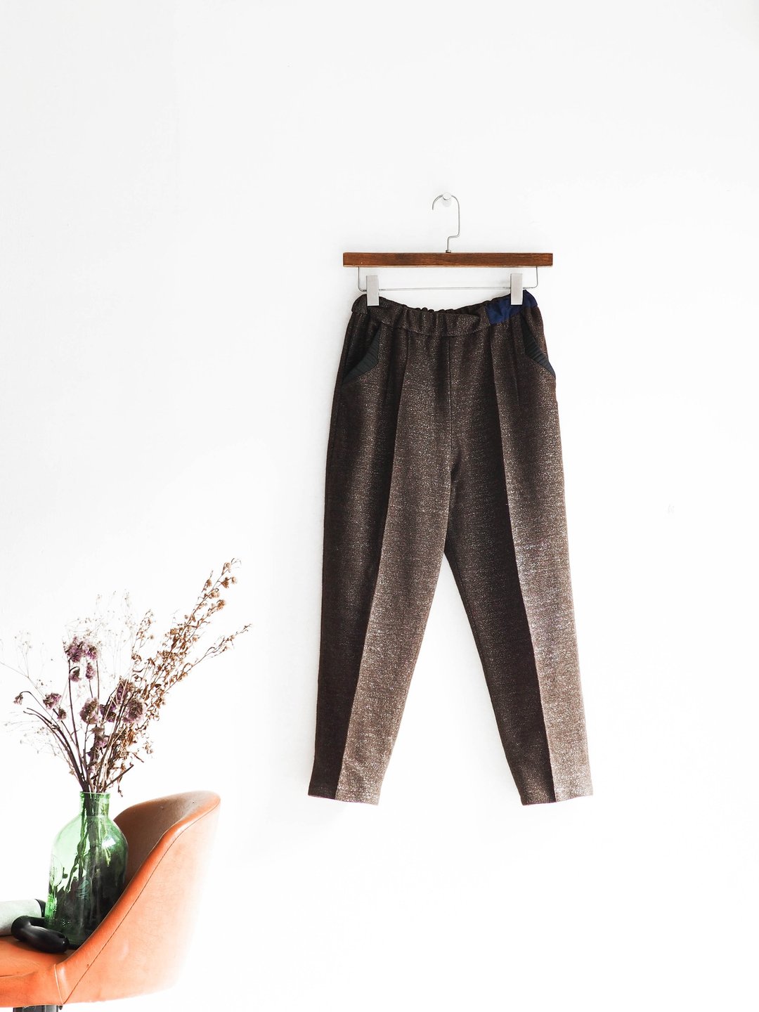 河水山 - 宫崎茶褐拿铁金葱宇宙 古董金丝绒AB缩口裤管松紧长裤 pants vintage - 女装长裤 - 棉 咖啡色