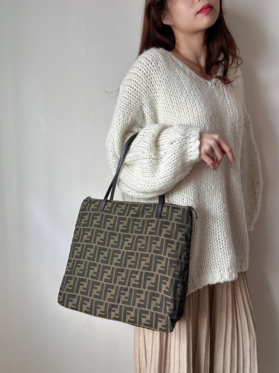 中古名牌Fendi FF 芬迪老花 托特包 Tote Bag 电脑包 - 侧背包/斜挎包 - 棉 咖啡色
