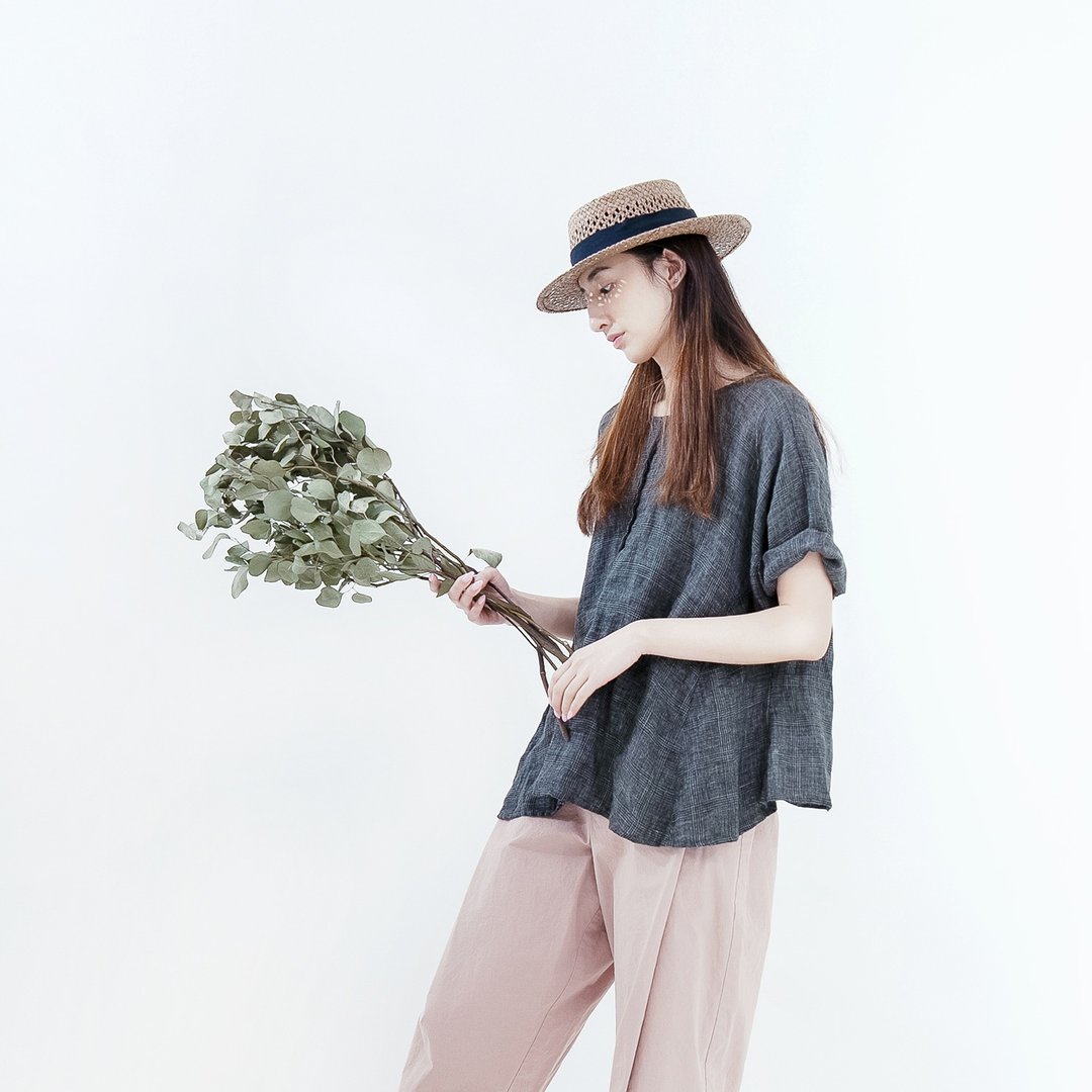 绵延后绑带伞摆格纹上衣 - 女装上衣 - 亚麻 灰色