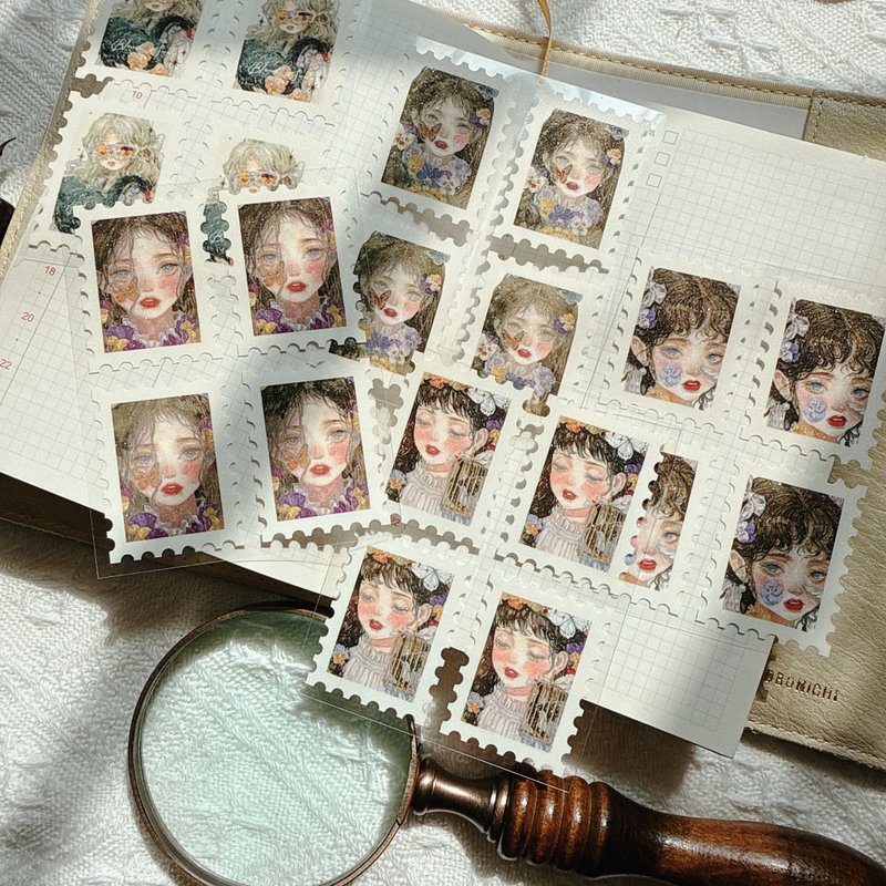 堇小姐 懐古ロマン 少女肖像 油彩タッチ 郵票型貼紙套組 - 纸胶带 - 其他材质 多色