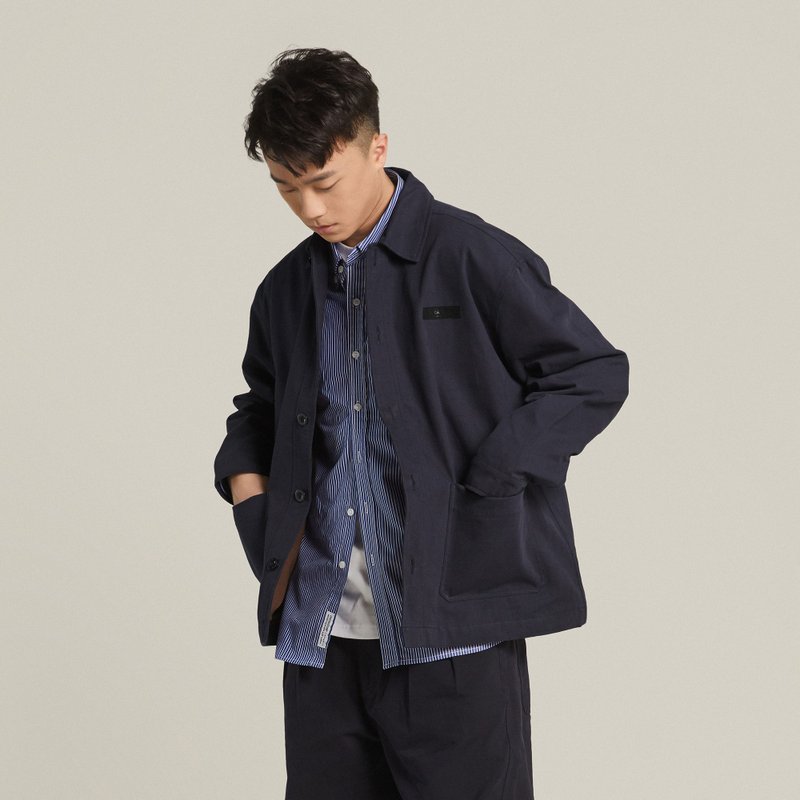 THREADESIGN 秋冬竹节珠帆水洗多口袋日系宽松工装夹克外套 - 男装外套 - 棉．麻 蓝色