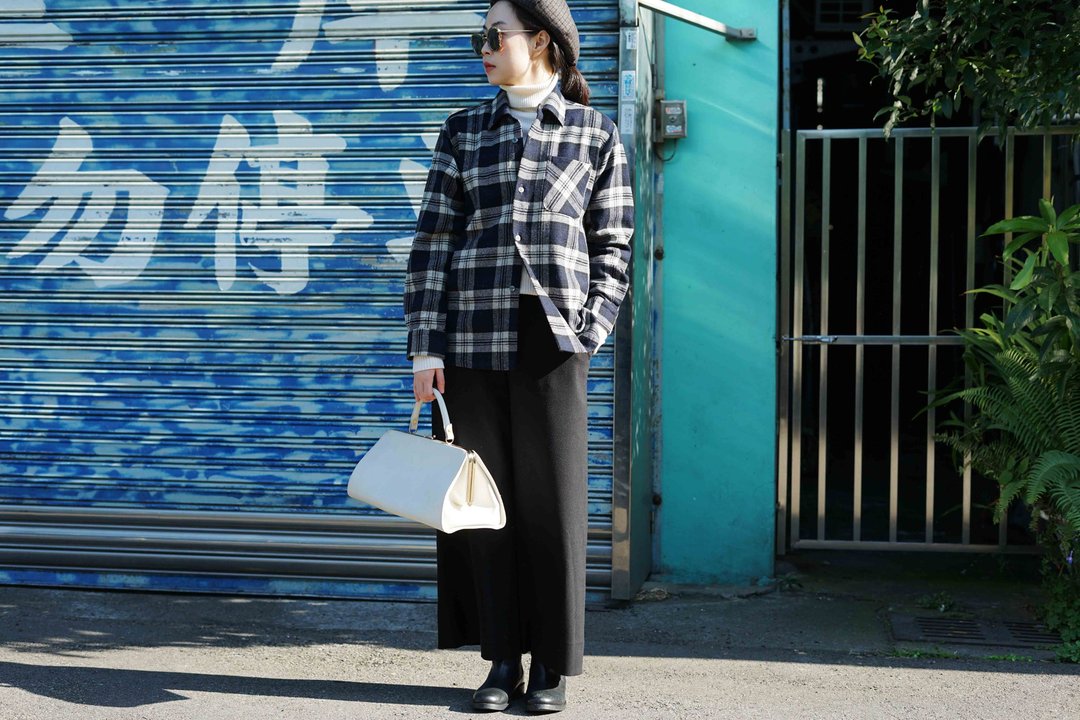 寻宝古着-文青蓝白格纹毛料中性衬衫 - 女装衬衫 - 羊毛 蓝色