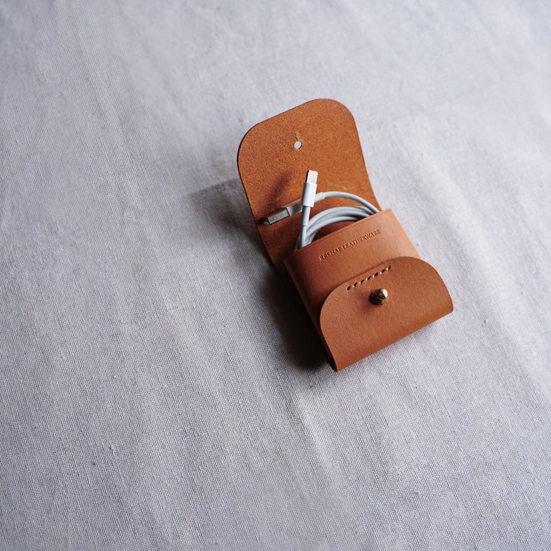 耳机包 收纳包 / 真皮 皮革 / 浅橘棕色 /免费定制印字/ 手工皮件 - 化妆包/杂物包 - 真皮 橘色