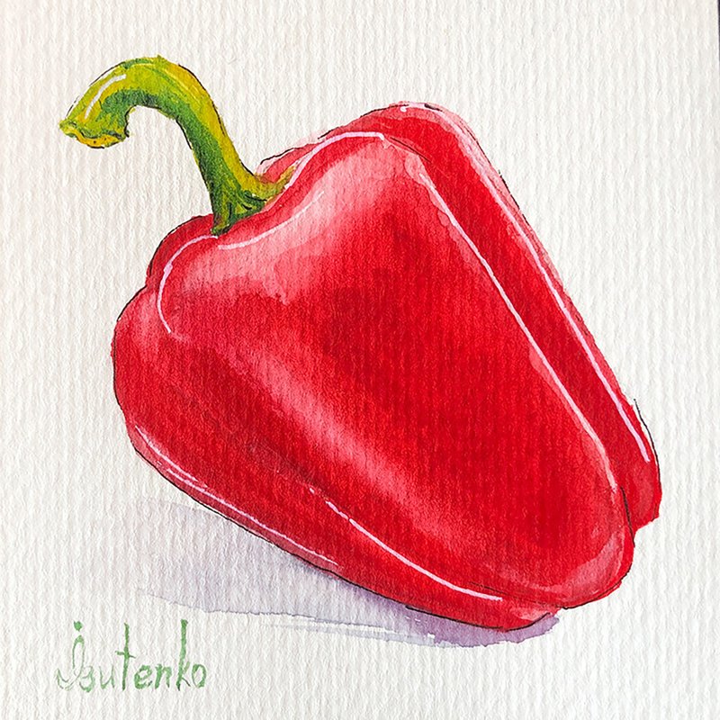 Pepper Painting Vegetable Original Art Food Artwork Small Watercolor Wall Art - 海报/装饰画/版画 - 纸 红色