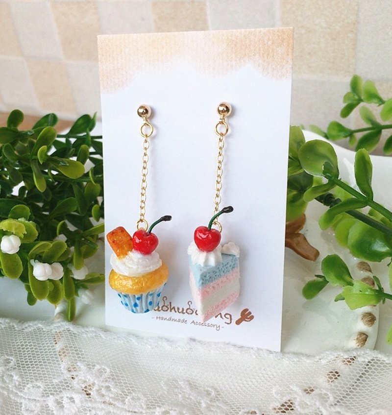 迷你可爱原创清新甜美复古樱桃蛋糕纯银耳环耳夹 - 耳环/耳夹 - 其他材质 