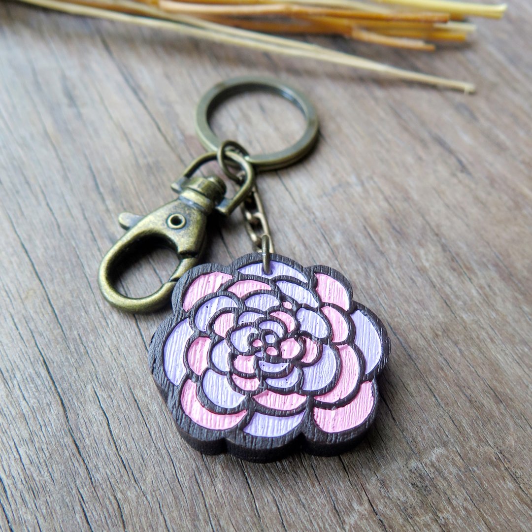Wooden keyring pink purple rose - 钥匙链/钥匙包 - 木头 粉红色