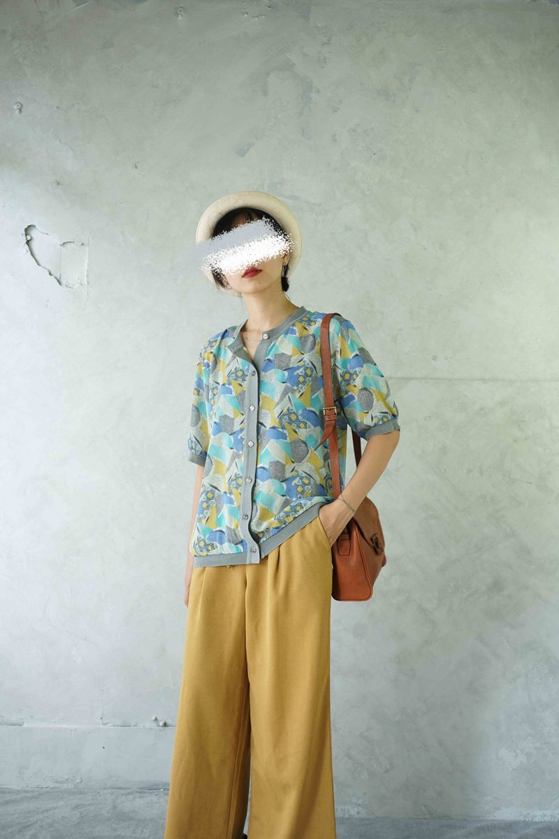 寻宝古着-立体派印花艺术感雪纺针织绲边衬衫 - 女装衬衫 - 聚酯纤维 蓝色