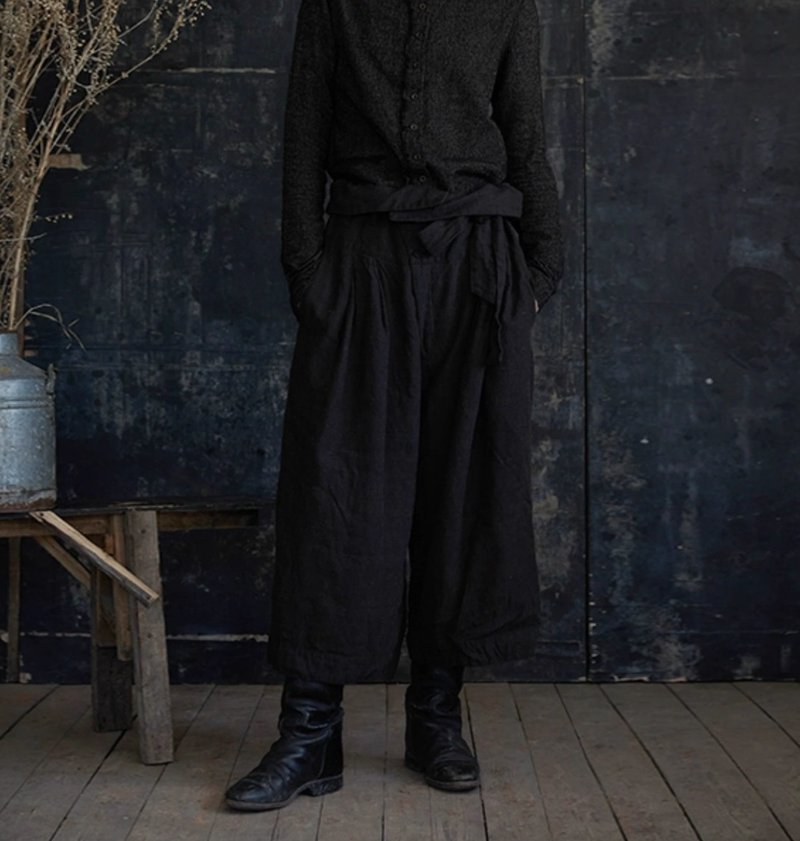 复古文青 羊毛混纺阔腿裤 寬鬆直筒休闲裤 - 女装长裤 - 其他材质 黑色