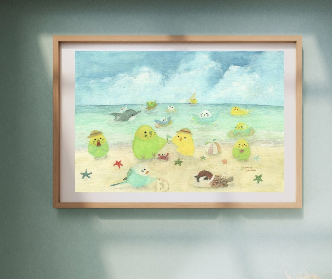 A4 暑假 长尾小鹦鹉 大海 自然 风景画 虎皮鹦鹉 麻雀 小鸟雀 - 海报/装饰画/版画 - 纸 蓝色